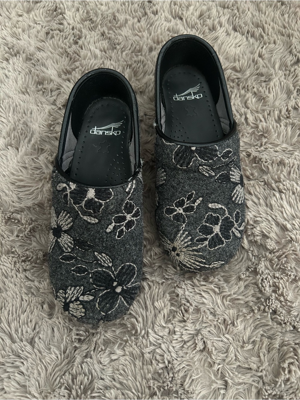 Dansko Gray Floral Wool Clogs - Slip-On Women's Mules